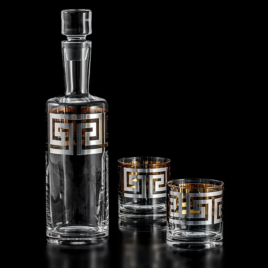 Meandro Silver - Gold Набор Графин и 2 стакана для виски Egizia